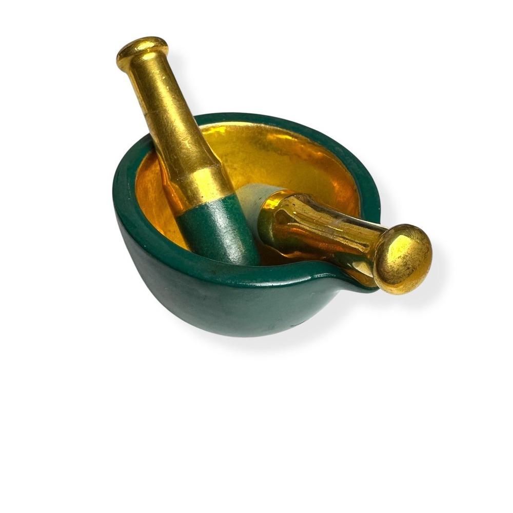 Vintage Ceramic Mortar & Pestles Green Gold 3.5" Small Bowl Dish RX Herb Grinder - Picture 9 of 14